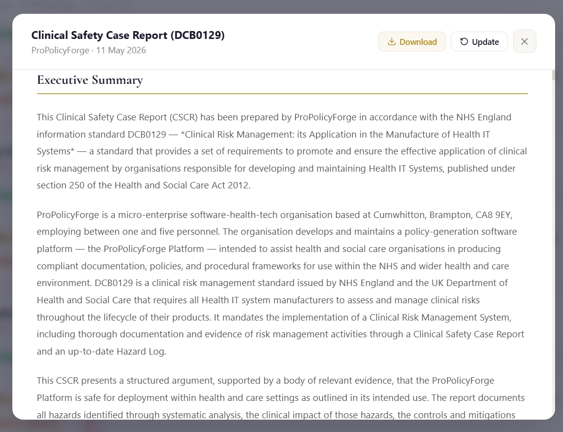 DCB0129 clinical safety case report generated by ProPolicyForge